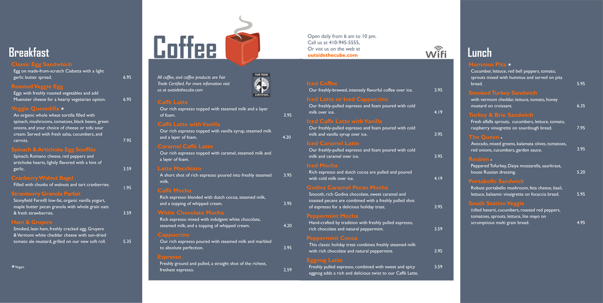 Outside the Cube café menu