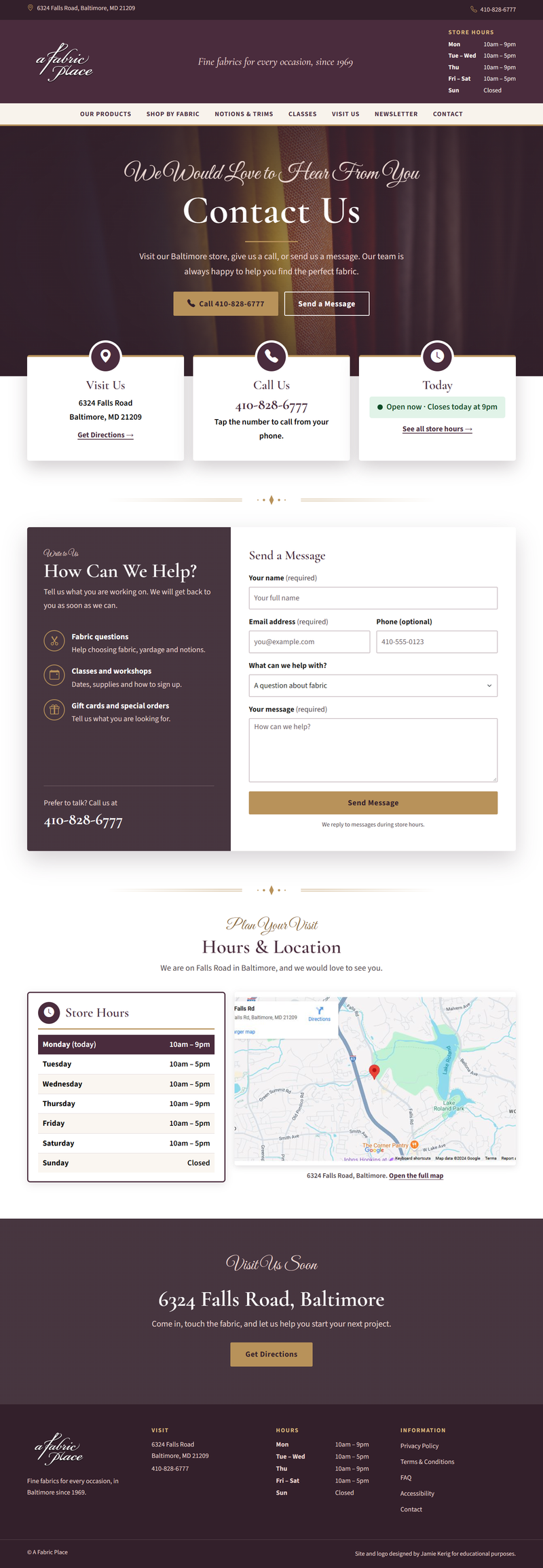 A Fabric Place: Contact Page page design screenshot