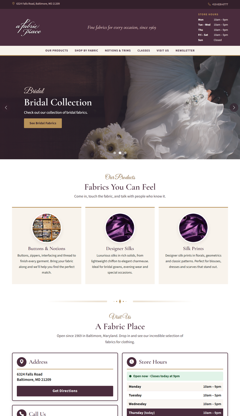 A Fabric Place retail store website screenshot