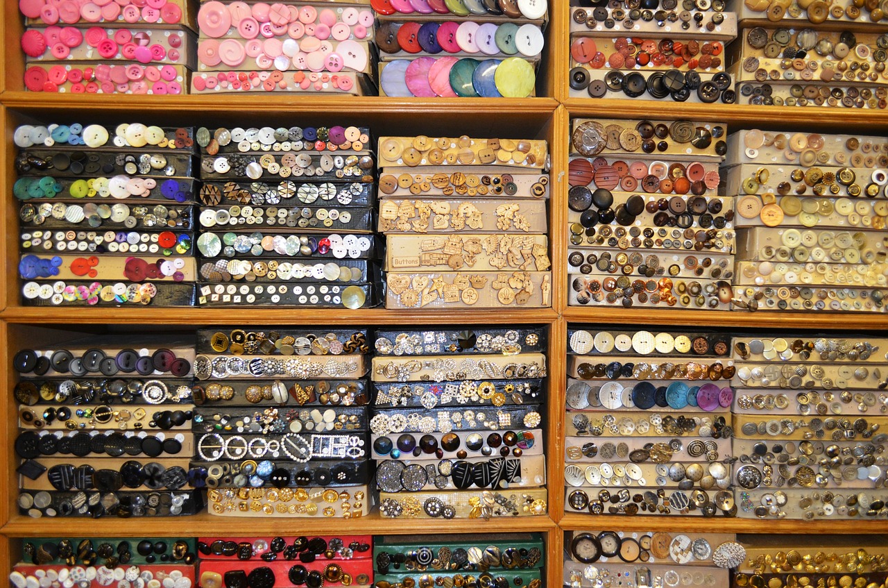 Shelves of button boxes